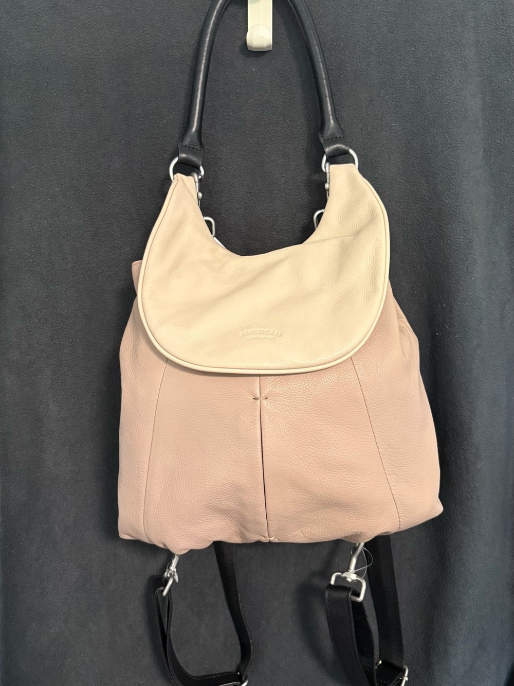 Leather Shoulder & Backpack - Beige with Cream Flap and Black Handle and Straps.